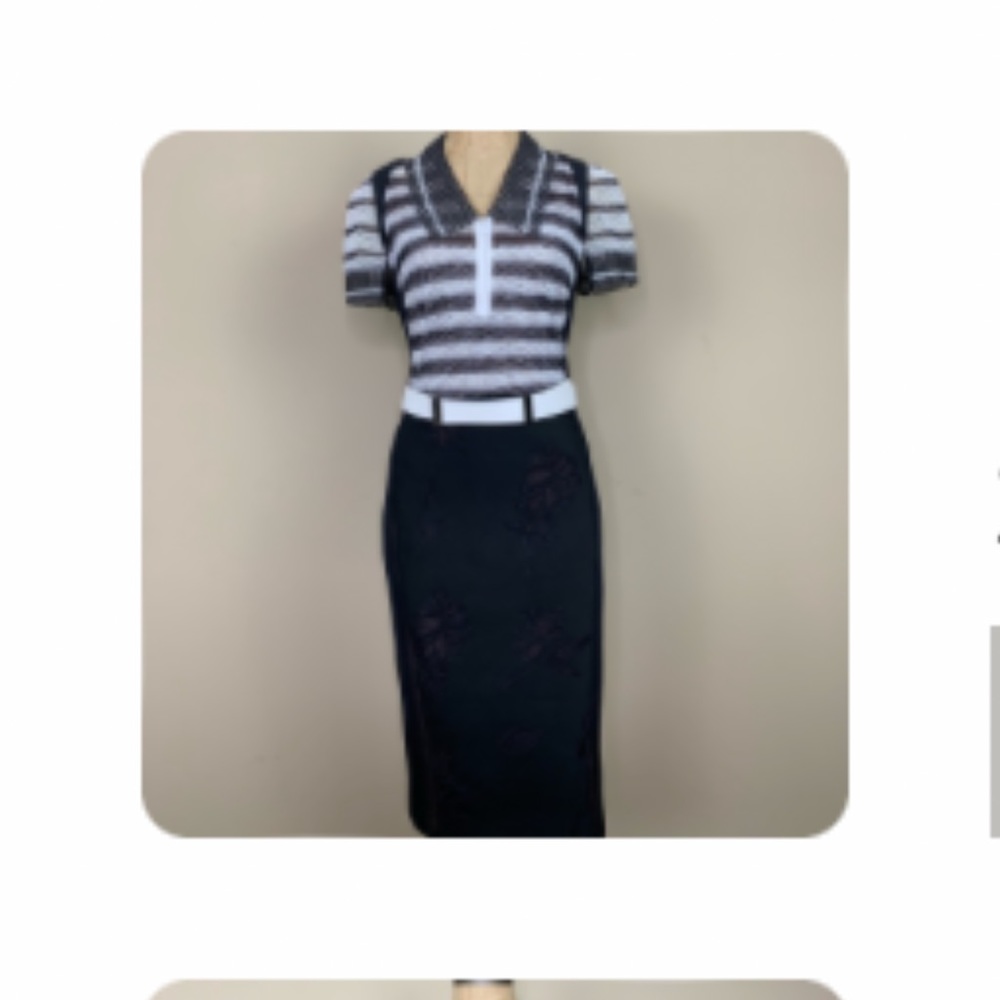 Byron Lars Black and White Striped Knit Top with Black Pencil Skirt